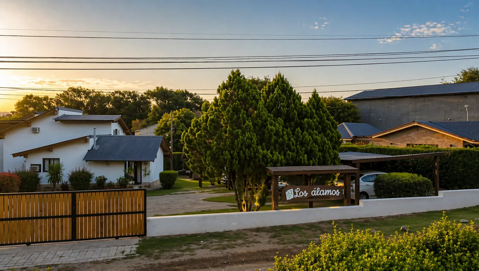 Fachada de Los Álamos en Villa General Belgrano al atardecer